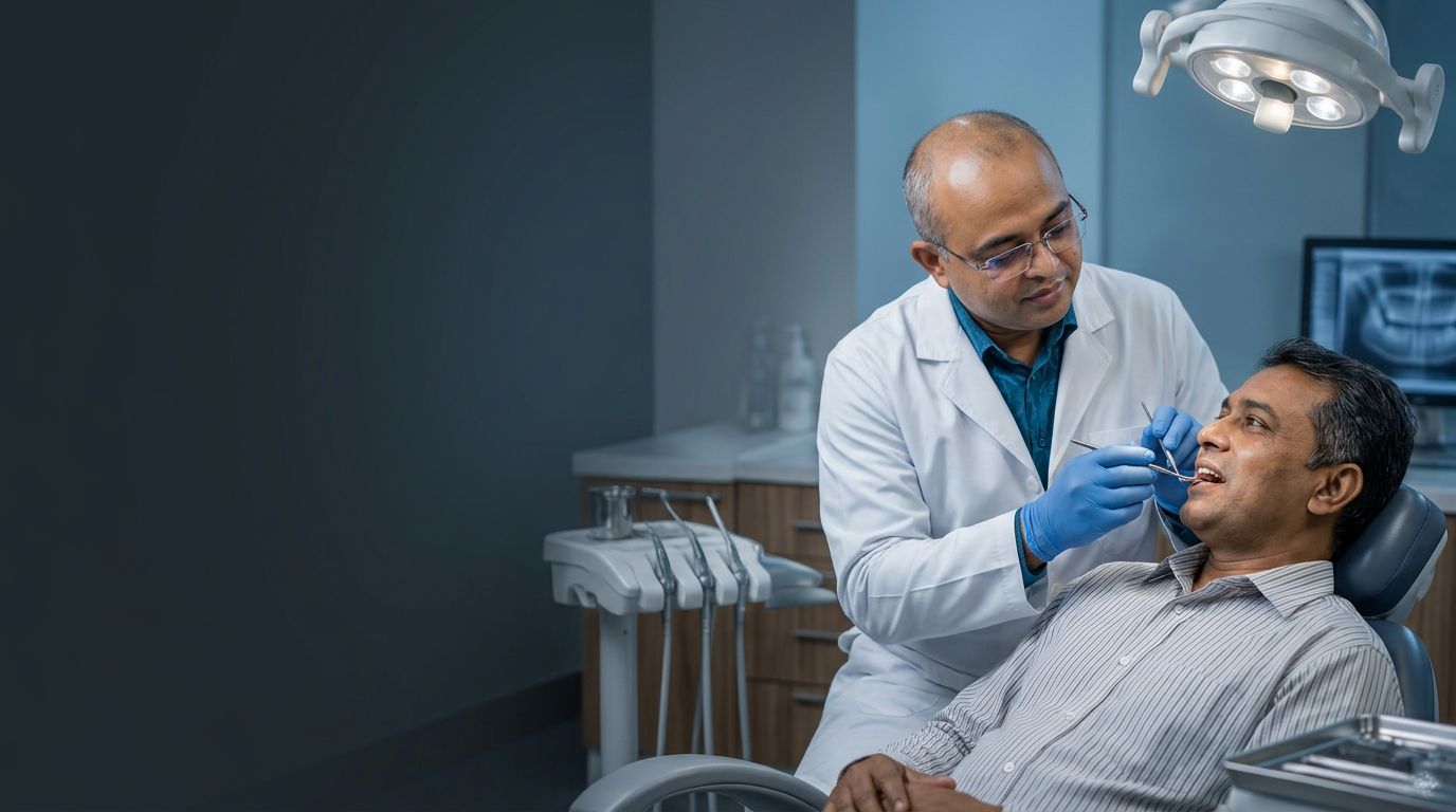 Dr. Md. Mohibbullah examining a middle-aged patient in a modern dental treatment room